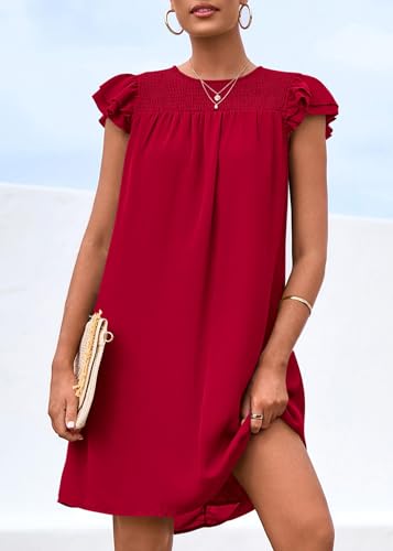 Image of KIRUNDO Wedding Guest Shift Dresses for Women Short Spring Summer Ruffle Cap Sleeve Chiffon Babydoll Flowy Mini Sundress(Red, X-Large)