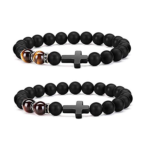 2 Pcs Fashion Religion Cross 8mm Natural Stone Tiger Eye & Black Matte Agate Beads Bracelet Elastic Bracelet Bangle for Men Women