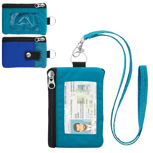 Image of Minimalist RFID Wallet with Lanyard, Multi-Functional ID Case with 2 Zipper Pockets and Key Chain for Men and Women, Tactical Badge Pouch Cards Holder, Coin Purse for Travel Sports - Blue