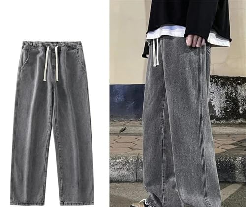 Men’S Drawstring Jeans Mid Waist Straight Leg Denim Pants Hip Hop Style Distressed Wash Jeans2