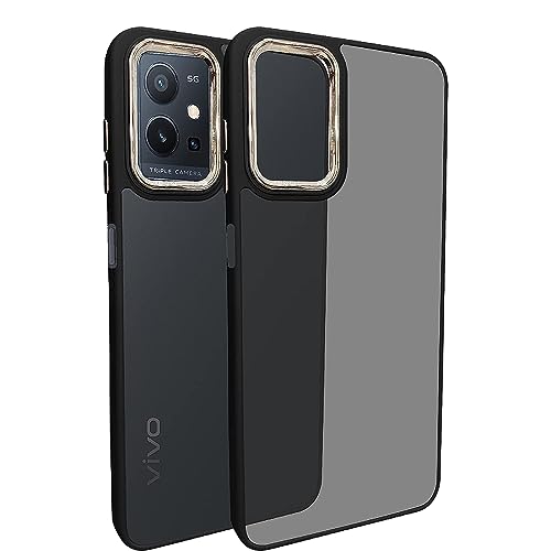 Image of A rtistque Frosted Translucent Back Cover Case for Vivo T1 5G / Y75 5G / iQOO Z6 5G | Electroplated Chrome Ring | Raised Camera Edges for Protection | Smooth Sides TPU - Black