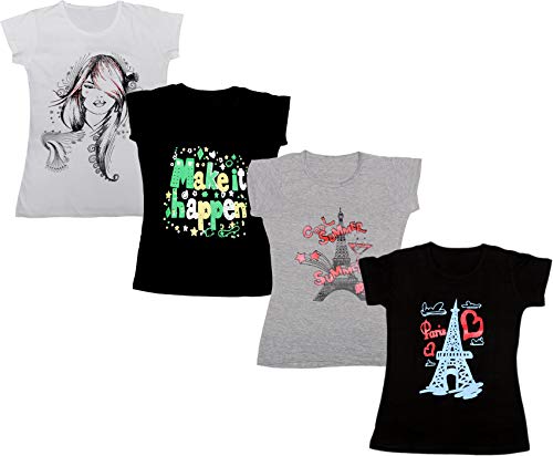 Image of indi weaves Girls Pure Cotton Chest Printed Half Sleeves Round Neck T-Shirts (Pack of 4)