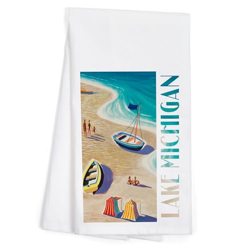 Lantern Press Lake Michigan, Vintage Beach Scene (100% Cotton Tea Towel, Decorative Hand Towel, for Kitchen and Home)