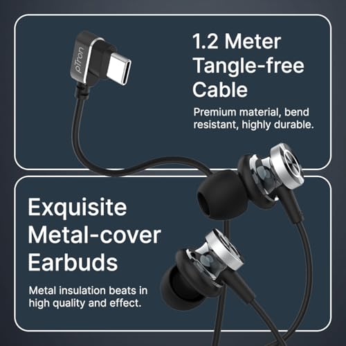 Image of pTron Boom Play X3 In-Ear Type C Wired Headphones with Mic, 10mm Drivers for Pristine Sound, In-line Controls, 90 Degree USB-C Connector, 1.2m Tangle-Free Cable, Metal Buds & Wide Compatibility(Black)
