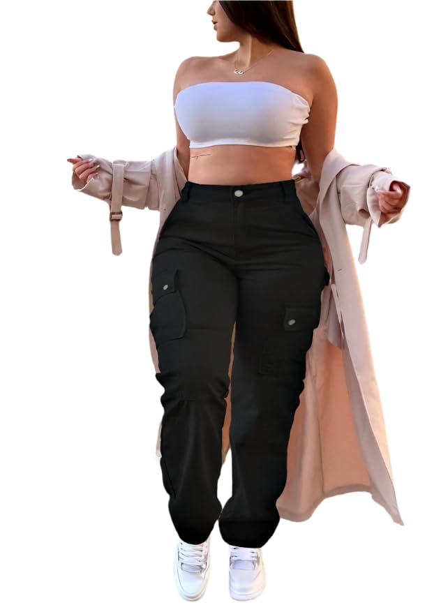 Plus Size Women's Solid Color Cargo Pants – Comfortable Multi-Pocket Design for Casual and Versatile Wear