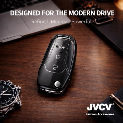 Image of JVCV Soft TPU Transparent Black Key Cover Compatible with Ford Endeavour Figo Aspire Freestyle 3 Button Folding Key | Shockproof Protective Case (2 Pack - Transparent Black)