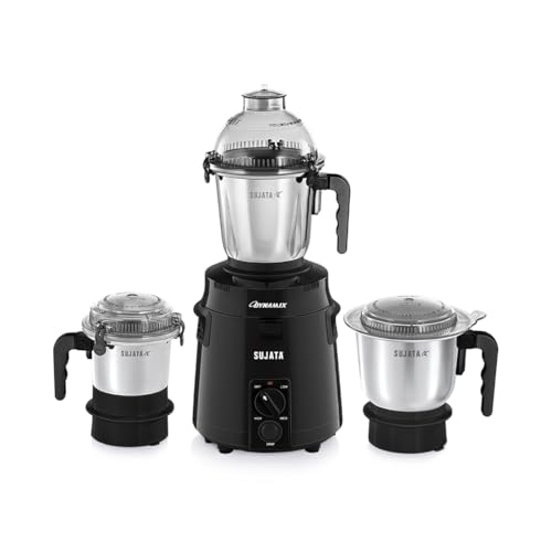 Sujata Dynamix Mixer Grinder|900 Watts Double Ball Bearing Motor|22000 RPM|Non-Stop 90 Mins Running|3 Food Grade Steel Jars - 1500ml Multipurpose, 1000ml Grinder, 500ml Chutney Jar|Black view 1