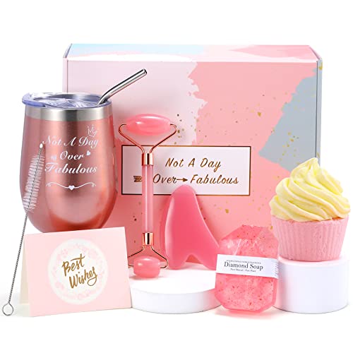 Cadeau d'anniversaire pour femme - Coffret cadeau relaxant pour sa maman, sa sœur, sa meilleure amie avec verre à vin - Coffret cadeau unique de 6 cadeaux luxueux pour un anniversaire Cover