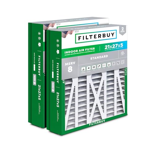 Image of Filterbuy 21x27x5 Air Filter MERV 8 Essential Dust & Allergy Defense (2-Pack), Pleated HVAC AC Furnace Filters for Trane Perfect Fit & American Standard (Actual Size: 20.56 x 26.13 x 4.97)