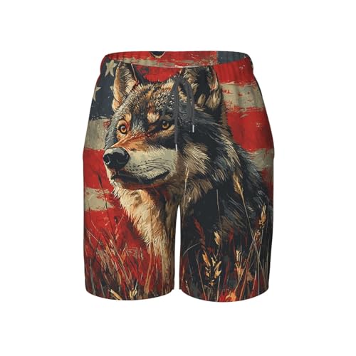 Boys Board Shorts Quick Dry Swimwear Kids Youth Beach Surf Swim Trunks, Wolf Hunting Retro USA Flag