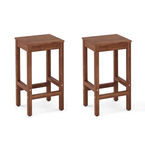 Taburetes de Bar de 26 Pulgadas, Juego de 2 Sillas para Barra, Asiento para Cocina y Encimera con Reposapiés, Taburetes de Madera de Acacia para Comedor, Cocina, Encimera, Café, Color Caoba miniatura 1