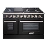 Akicon 48" Slide-in Freestanding Professional Style Gas Range with 6.7 Cu. Ft. Oven, 8 Burners, Convection Fan, Cast Iron Grates, & Blue Porcelain Oven Interior, In Black with Stainless Steel