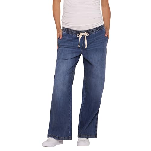 Motherhood Maternity Women's Under the Belly Tie Waist Relaxed Wide Leg Lightweight Denim Pregnancy Pants, Jane Wash, Large