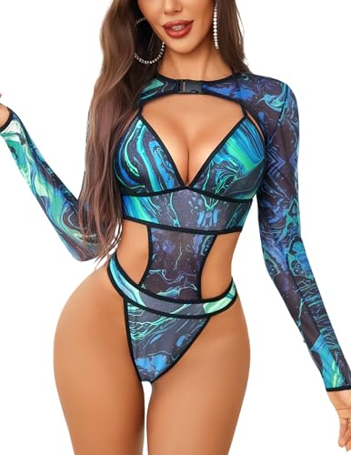Avidlove Rave Outfits for Women Festival Clubwear Sexy Lingerie Set Long Sleeve Crop Top with Halter Bodysuit