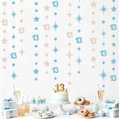 Image of Champagne Gold Blue 13th Birthday Decorations Number 13 Circle Dot Star Garland Streamer Banner Backdrop for Girls Boys Official Teenager Cheers to 13 Years Old Happy 13th Birthday Party Supplies