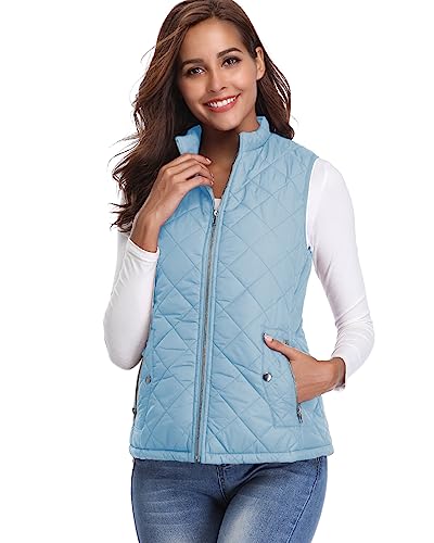 Fuinloth Women's Quilted Vest, Stand Collar Lightweight Zip Padded Gilet Light Blue L