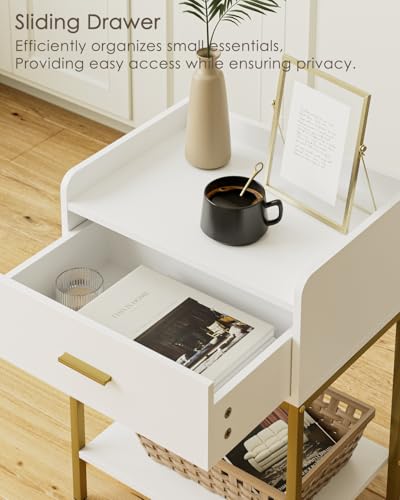 Image of Masupu Nightstand,3-Tier Modern Bedside Night Stand with Storage Drawer and Shelf,Small End Side Table for Bedroom,Living Room,White (Without Outlet, White)