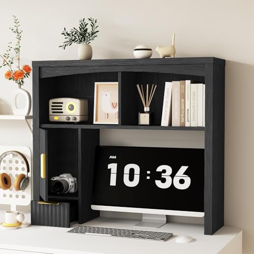 Image of Desk Hutch Shelf, Desktop Shelf Organizer 37 inch Wide Desktop Bookshelf 2-Tier Wood Hutch Bookcase Organizer with Drawer Dorm Table Shelves Desk Shelves Office Bookshelf with Storage-Black