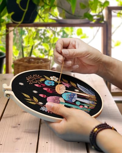 Image of TINDTOP 2 Pack Embroidery Kit for Adult, Embroidery DIY Starter Kit | with Mushroom Stamped Patterns, Hoop, Tools, Colorful Threads with Needles, Instructions