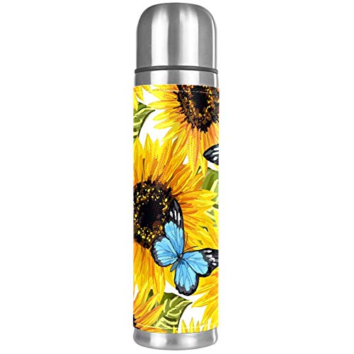 Botella de agua con diseño de girasoles y mariposas azules, estilo acuarela, a prueba de fugas, de acero inoxidable, para bebidas frías y calientes, 500 ml, para oficina, escuela, viajes