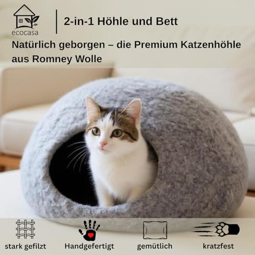 XL Katzenhöhle Katzenbett Katzenhaus – feinste Romney Wolle – kräftig gefilzt – außen robust & innen kuschelig weich – 3 Farben – Hellgrau
