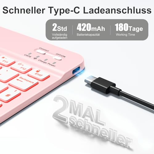 Vobafe Bluetooth Tastatur mit Telefonhalter für iOS/Android/Windows, Kabellose Tablet Tastatur für iPad/iPhone/Samsung/Laptop, Ultradünn Deutsche QWERTZ iPad Keyboard, 7 Farben Beleuchtete, Hellrosa