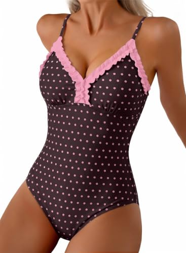 Aleumdr V Neck One Piece Swimsuit for Women Smocked Color Block Tummy Control Bathing Suits Modest Summer Beach Swimwear Brown Pink Large