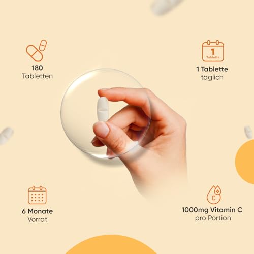 Vitamin C 1000mg pro Tablette - 180 vegane Tabletten für 6 Monate - Vitamin C trägt zu einer normalen Funktion des Immunsystems bei (EFSA) - Vit C mit Bioflavonoiden & Hagebutte - WeightWorld