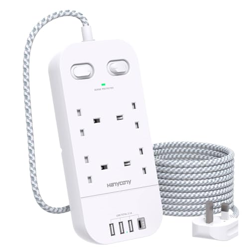 4 Way Surge Protected Extension Lead with USB Slots – Multi Plug Power Strip Extension Cable with Double Switches, Plug Extension Socket 1.8M Braided Extension Cord for Home Office Accessories