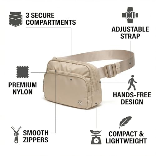 Image of Pander Nylon Crossbody Belt Bag with Excess Strap Keepers, 6-Pocket Adjustable Sling Fanny Pack for Travel and Everyday Carry, Warm Beige