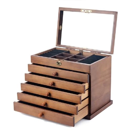 Joyero para mujer, organizador de joyas grande de madera rústica con espejo, organizador de 6 capas para anillos, aretes, collares, pulseras