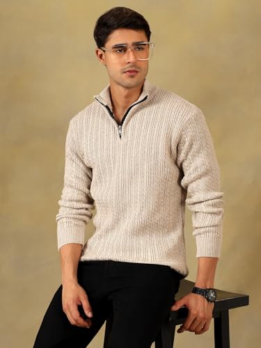 Image of Kvetoo Men's Full Sleeve High Neck Zipper Sweater| Warm Cable Knit Quarter Zip Pullover | Wool Winter Sweater for Casual & Office Wear