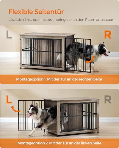 Feandrea Hundekäfig Möbel, Beistelltisch, Hundebox, Moderne Hundehütte Indoor für Hunde bis zu 32 kg, hochbelastbar, geschlossener Boden, Hundehaus 2 Türen, Greige meliert PFC023G01