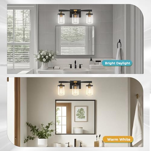 Image of DORESshop Bathroom Light Fixtures, 3-Light Black and Gold Bathroom Lights Over Mirror, Vanity Lights for Hallway Bedroom Living Room