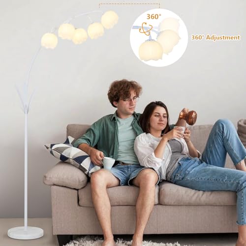 Image of HMVPL White Floral Floor Lamp, Cute Flower Standing Lamp for Bedroom, Modern Tall Lamp with 5 G9 LED Bulbs, Foot Switch, Acrylic Shade, Curved Floor Lamp for Living Room Corner Bedside Kids Home Decor