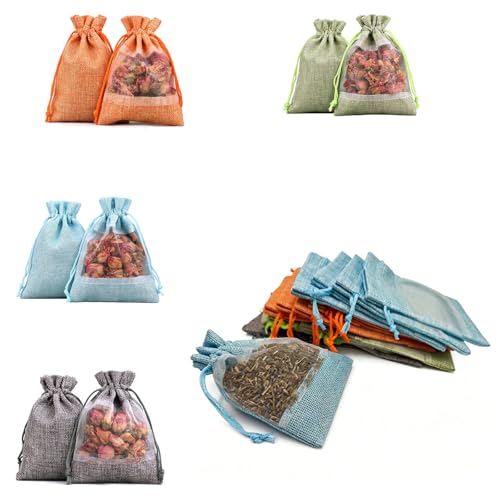 Furforstk Sachet Lavande Vide 20 pièces Sachet pour Lavande Vide 10x14cm pochon Tissu Cordon de Serrage Pochette Tissu, Protection Efficace Contre Les Mites pour Les armoires (Bleu Orange Vert Gris)