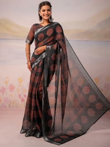 Image of Satrani Women's Linen Printed Ready To Wear Saree with Unstitched Blouse Piece