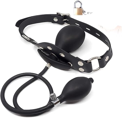 COOFINE Leather Bondage Inflatable Strap-on Mouth Gag Masks - Faux Leather Lockable & Panel Gag Open Mouth Plug Breathable Restraint Head Hood for Unisex Adults Couples, BDSM/LGBT Fetish Hood