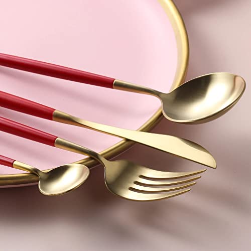 Image of aDai Premium Gold SUS304 Stainless Steel Cutlery Set - 10 Spoons, 5 Fork, 5 Steak Knife - Mirror Finish Dinnerware Flatware (Cherry Red - Set of 20)