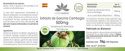 Foto von Garcinia Cambogia Extrakt 500mg - 100 Kapseln Tamarinde - standardisiert auf 60% HCA - Hochdosiert - Vegan | HERBADIREKT by Warnke Vitalstoffe - Deutsche Apothekenqualität