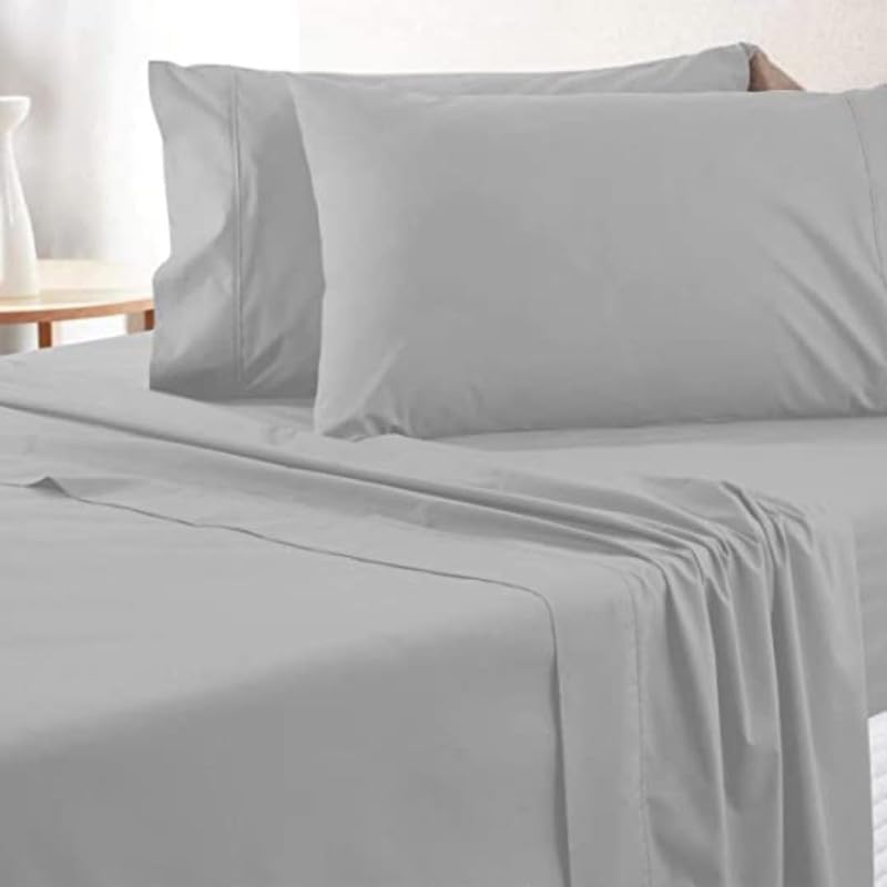 Image of Queen Size Bedsheets for Single Bed 600 TC - Cotton Elastic Fitted Sheet (60 x 84 Inches) with 10 Inch Drop- Color Light Gray Solid [ Fitted Sheet with 2 Pillow Cover]