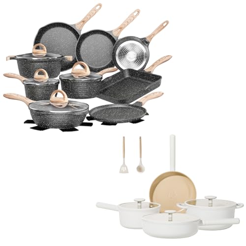 Image of JEETEE Nonstick 23pcs Grey Bundle 13 Pcs Beige Ceramic Cookware Sets