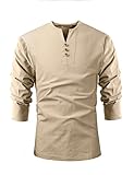 DAVID.ANN Men Henley Neck Long Sleeve Daily Look Linen Shirts,Khaki,X-Large
