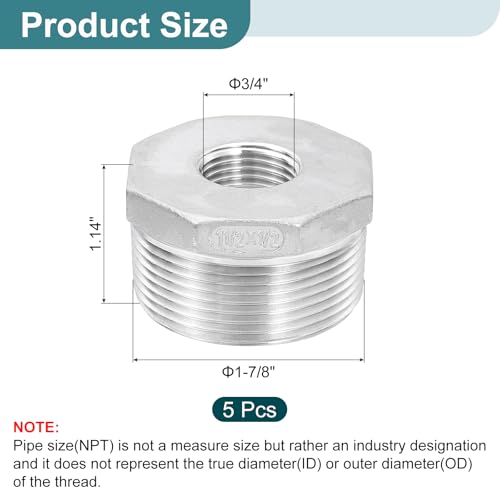 Image of uxcell 5Pcs 1-1 /2 inch Male NPT to 1 /2 inch Female NPT 304 Stainless Steel Reducer Hex Bushing, Reducing Cast Pipe Adapter Fitting for industrial, oil /gas, water, HVAC, and plumbing systems