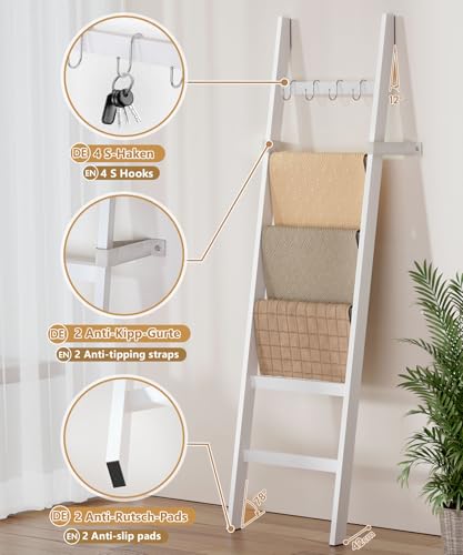 Yorbay Handtuchleiter Bambus, 6 Sprossen, Kleiderleiter mit 2 Sturzsicherheitsriemen und 4 Haken, Handtuchhalter Leiter für Dekoratives Badezimmer, Leiter Deko HxB 170 x 43 cm (Weiß)