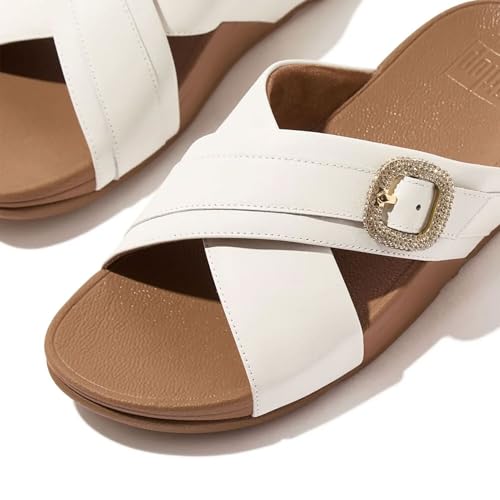 Image of FitFlop Women's Lulu Crystal-Buckle Leather Cross Slide Sandal
