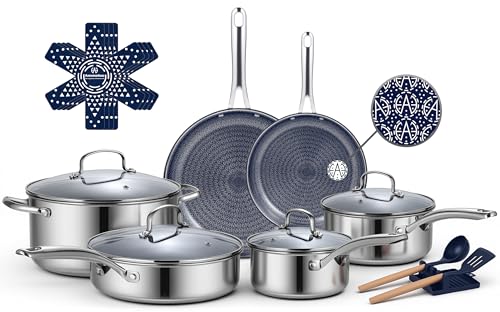 Ammeloo Hybrid Stainless Steel Cookware Set, 17-Piece Tri-Ply Pots and Pans Set Non Stick, Induction Kitchen Cookware Sets, Dishwasher & Oven Safe, PFOA Free, All Cooktops Compatible, Navy Blue