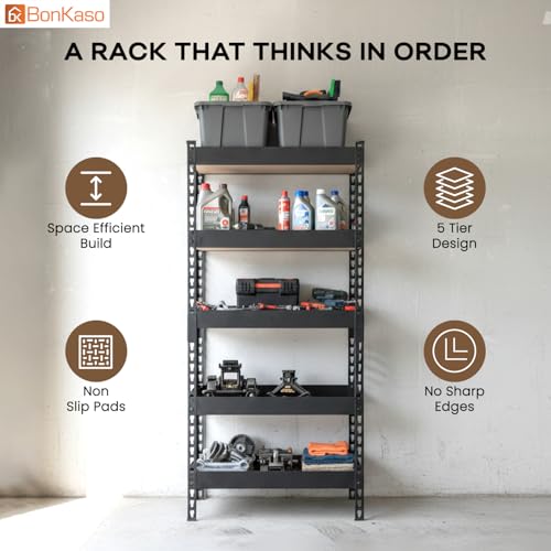 Image of Bonkaso 5 Tier Adjustable Boltless Metal Storage Rack for Home, Garage, Office & Shop | Heavy Duty Rust-Resistant Shelving Unit with MDF Wooden Shelves | Utility Display Stand, Black, (60x36x137 cm)
