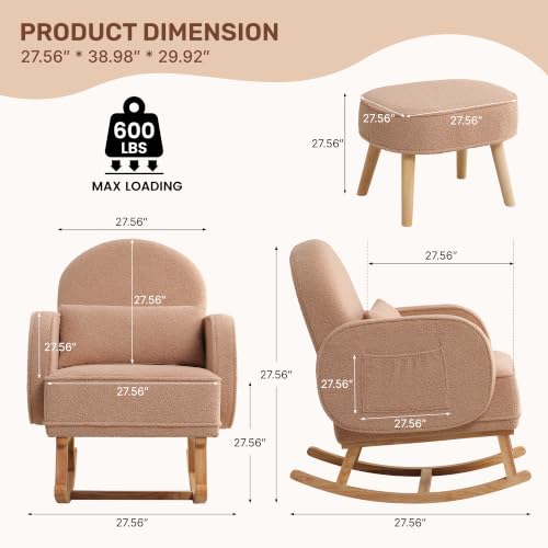 Image of HCHAIRH Rocking Nursing Chair with Ottoman, Upholstered Glider Rocker Armchair with Side Pocket and High Backrest, Comfy Reading Chair with Solid Wood Legs for Nursery, Living Room,Bedroom, Coffee