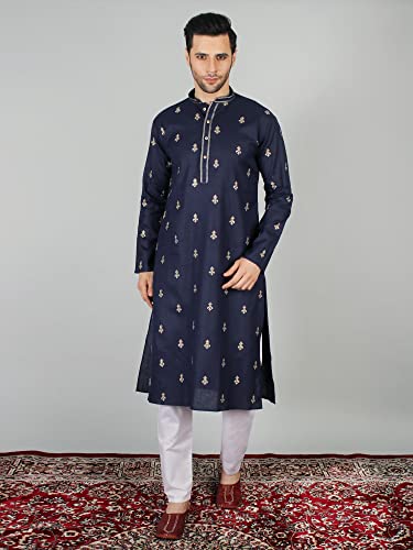 Pyjama Kurta brodé bleu Exotic India en coton raffiné - 3